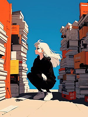 JPG 응시 여자 일러스트 그림자 한명 성인 책 파란색 고요 웅크림 책더미 성인여자한명만 국내일러스트 AI일러스트 AI콘텐츠 1 시선 컬러 모션 사람 무더기 여자한명만 성인여자만 파일형식