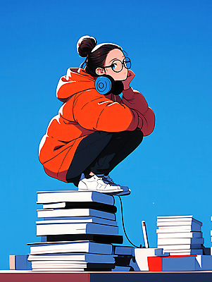 JPG 응시 여자 일러스트 한명 성인 책 빨간색 파란색 독서 헤드셋 턱괴기 사색 웅크림 책더미 성인여자한명만 안경낌 국내일러스트 AI일러스트 AI콘텐츠 1 시선 안경 컬러 음향기기 생각 모션 사람 헤드폰 무더기 여자한명만 성인여자만 파일형식