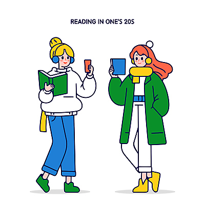 전신 여자 대학생 일러스트 들기 청년 성인 취미 두명 책 캐주얼 초록색 파란색 독서 즐거움 주머니손 문학 성인여자만 Z세대 국내일러스트 AI파일 학생 옷 감정 컬러 모션 사람 세대 여자만 성인만 파일형식 벡터