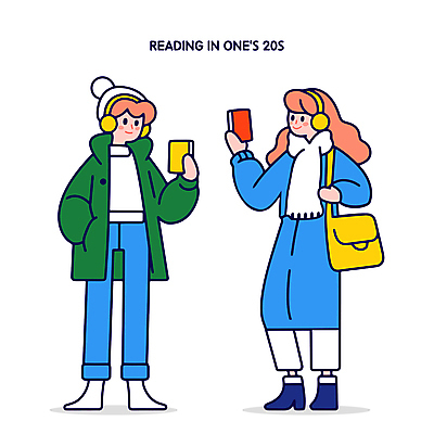전신 여자 남자 대학생 일러스트 들기 청년 성인 취미 두명 책 캐주얼 초록색 파란색 독서 즐거움 문학 성인만 Z세대 국내일러스트 AI파일 학생 옷 감정 컬러 모션 사람 세대 파일형식 벡터