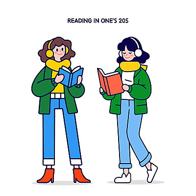전신 여자 대학생 일러스트 들기 청년 성인 취미 두명 책 캐주얼 초록색 파란색 독서 즐거움 문학 성인여자만 Z세대 국내일러스트 AI파일 학생 옷 감정 컬러 모션 사람 세대 여자만 성인만 파일형식 벡터