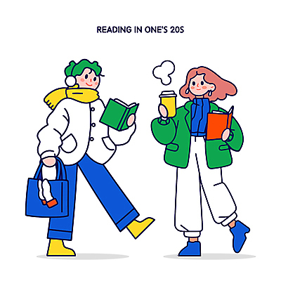 전신 여자 남자 대학생 가방 일러스트 들기 청년 성인 취미 두명 책 캐주얼 초록색 파란색 독서 즐거움 문학 테이크아웃컵 성인만 Z세대 국내일러스트 AI파일 학생 잡화 옷 감정 컬러 모션 사람 컵 세대 파일형식 벡터