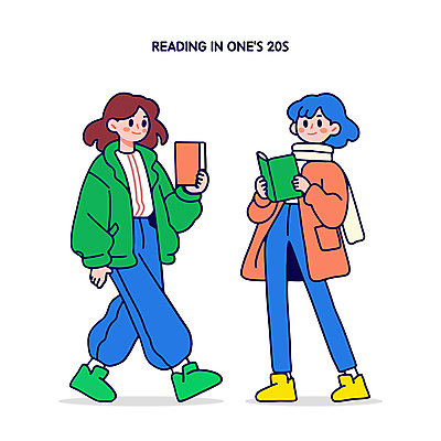 전신 여자 대학생 일러스트 들기 청년 성인 취미 두명 책 캐주얼 초록색 파란색 독서 즐거움 문학 성인여자만 Z세대 국내일러스트 AI파일 학생 옷 감정 컬러 모션 사람 세대 여자만 성인만 파일형식 벡터