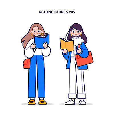 전신 여자 대학생 가방 일러스트 들기 청년 성인 취미 두명 책 캐주얼 파란색 독서 즐거움 문학 성인여자만 Z세대 국내일러스트 AI파일 학생 잡화 옷 감정 컬러 모션 사람 세대 여자만 성인만 파일형식 벡터