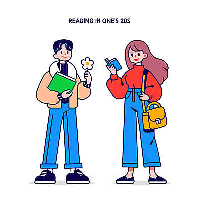 전신 여자 남자 꽃 대학생 가방 일러스트 들기 청년 성인 취미 두명 책 캐주얼 초록색 파란색 독서 즐거움 문학 성인만 Z세대 국내일러스트 AI파일 식물 학생 잡화 옷 감정 컬러 모션 사람 세대 파일형식 벡터