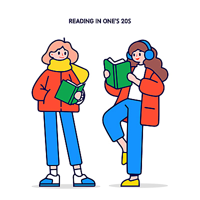 전신 여자 대학생 일러스트 들기 청년 성인 취미 두명 책 캐주얼 빨간색 파란색 독서 즐거움 문학 다리들기 한발서기 성인여자만 Z세대 국내일러스트 AI파일 학생 옷 감정 컬러 모션 서기 사람 세대 여자만 성인만 파일형식 벡터