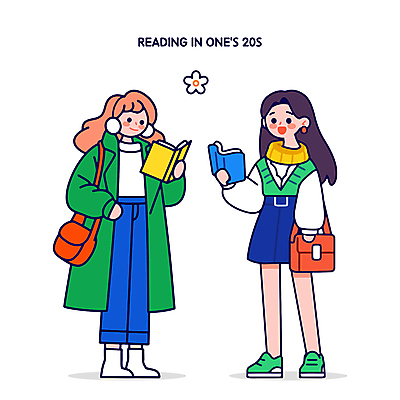 전신 여자 대학생 가방 일러스트 들기 청년 성인 취미 두명 책 캐주얼 초록색 파란색 독서 즐거움 문학 성인여자만 Z세대 국내일러스트 AI파일 학생 잡화 옷 감정 컬러 모션 사람 세대 여자만 성인만 파일형식 벡터