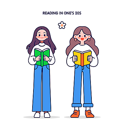 전신 여자 대학생 일러스트 들기 청년 성인 취미 두명 책 캐주얼 파란색 독서 즐거움 문학 성인여자만 Z세대 국내일러스트 AI파일 학생 옷 감정 컬러 모션 사람 세대 여자만 성인만 파일형식 벡터