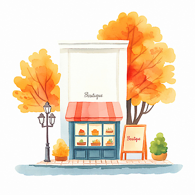 JPG 나무 단풍 가로등 일러스트 따뜻함 사람없음 건물 상점 가을 디지털합성 부티크 입간판 국내일러스트 AI일러스트 AI콘텐츠 식물 건축물 계절 공공시설 잎 간판 파일형식