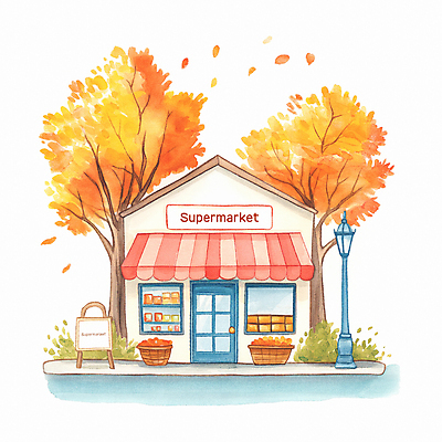 JPG 나무 단풍 가로등 일러스트 따뜻함 사람없음 건물 상점 가을 디지털합성 슈퍼마켓 입간판 국내일러스트 AI일러스트 AI콘텐츠 식물 건축물 계절 공공시설 잎 간판 파일형식