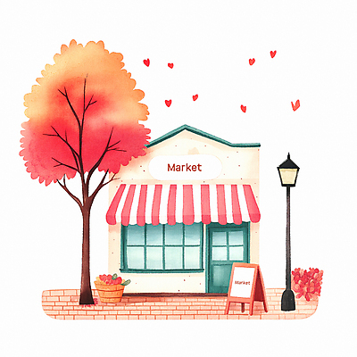 JPG 나무 단풍 가로등 일러스트 따뜻함 사람없음 건물 상점 가을 하트 디지털합성 마트 입간판 국내일러스트 AI일러스트 AI콘텐츠 모양 식물 건축물 계절 공공시설 잎 간판 파일형식