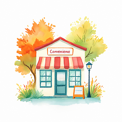 JPG 나무 단풍 가로등 일러스트 따뜻함 사람없음 건물 상점 가을 디지털합성 입간판 편의점 국내일러스트 AI일러스트 AI콘텐츠 식물 건축물 계절 공공시설 잎 간판 파일형식