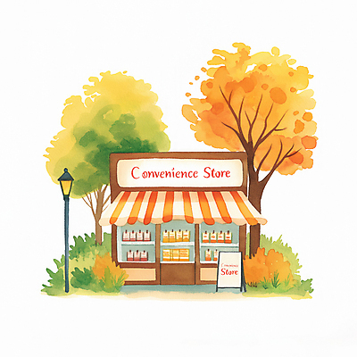 JPG 나무 단풍 가로등 일러스트 따뜻함 사람없음 건물 상점 가을 디지털합성 입간판 편의점 국내일러스트 AI일러스트 AI콘텐츠 식물 건축물 계절 공공시설 잎 간판 파일형식