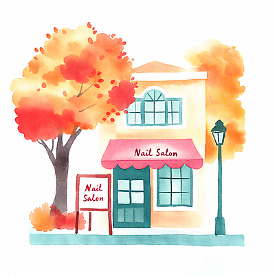 JPG 나무 단풍 가로등 일러스트 따뜻함 사람없음 건물 상점 가을 디지털합성 네일샵 입간판 국내일러스트 AI일러스트 AI콘텐츠 식물 건축물 계절 공공시설 잎 간판 파일형식