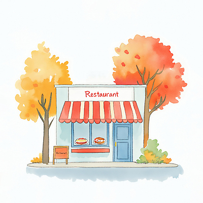 JPG 나무 단풍 일러스트 따뜻함 사람없음 건물 상점 식당 가을 디지털합성 입간판 국내일러스트 AI일러스트 AI콘텐츠 식물 건축물 계절 잎 간판 파일형식