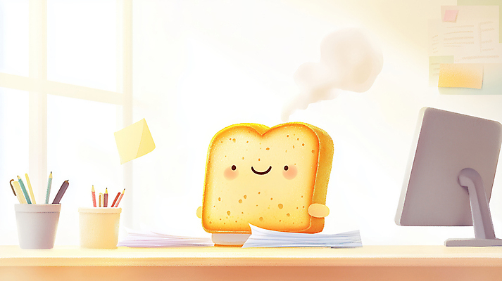 JPG 일러스트 직장 사람없음 사무실 햇빛 모니터 업무 수증기 식빵 문서 연필꽂이 토스트 국내일러스트 토스트아웃 AI일러스트 AI콘텐츠 빵 회사 비즈니스 문구용품 컴퓨터 태양 작업 신조어 파일형식