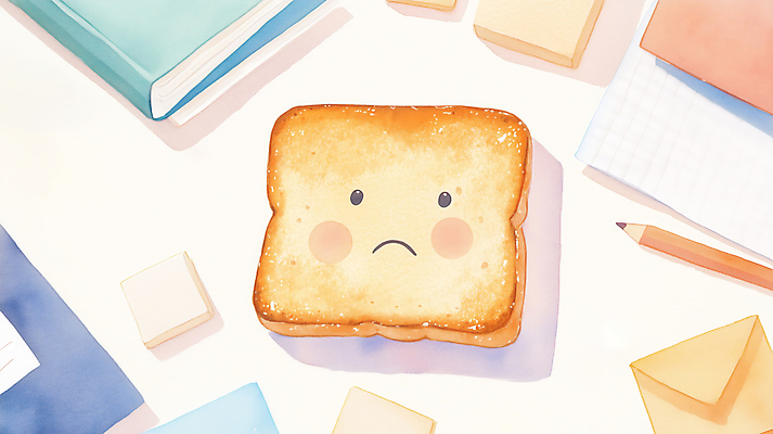 JPG 일러스트 스트레스 직장 사람없음 사무실 연필 메모지 식빵 문서 토스트 울상 국내일러스트 토스트아웃 AI일러스트 AI콘텐츠 빵 회사 비즈니스 학용품 필기구 사무용품 신조어 파일형식