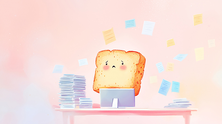 JPG 일러스트 스트레스 직장 피곤 사람없음 사무실 모니터 메모지 식빵 문서 토스트 서류더미 울상 국내일러스트 토스트아웃 AI일러스트 AI콘텐츠 빵 컨셉 회사 비즈니스 컴퓨터 사무용품 신조어 파일형식 더미