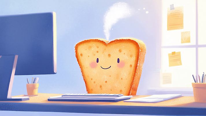 JPG 일러스트 직장 사람없음 사무실 모니터 키보드 메모지 업무 수증기 식빵 연필꽂이 토스트 국내일러스트 토스트아웃 AI일러스트 AI콘텐츠 빵 회사 비즈니스 문구용품 컴퓨터 사무용품 작업 신조어 파일형식