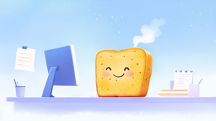 JPG 일러스트 직장 미소 사람없음 컴퓨터 모니터 업무 수증기 식빵 연필꽂이 토스트 국내일러스트 토스트아웃 AI일러스트 AI콘텐츠 빵 회사 문구용품 표정 전자제품 작업 신조어 파일형식