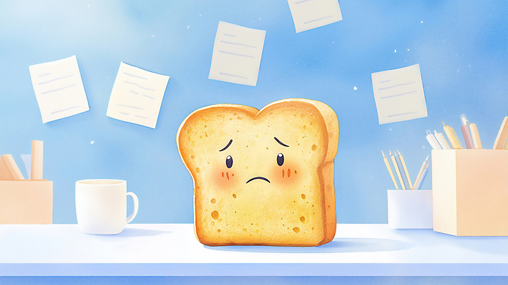 JPG 행복 일러스트 스트레스 직장 사람없음 사무실 머그컵 메모지 업무 식빵 연필꽂이 바쁨 토스트 울상 국내일러스트 토스트아웃 AI일러스트 AI콘텐츠 감정 빵 회사 비즈니스 문구용품 컵 사무용품 작업 신조어 파일형식