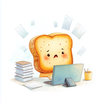 JPG 일러스트 스트레스 직장 사람없음 사무실 모니터 식빵 문서 연필꽂이 토스트 서류더미 화요일 국내일러스트 토스트아웃 AI일러스트 AI콘텐츠 빵 회사 비즈니스 문구용품 컴퓨터 신조어 요일 파일형식 더미