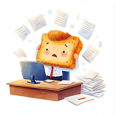 JPG 일러스트 스트레스 직장 사람없음 사무실 모니터 식빵 문서 바쁨 토스트 곤란 서류더미 국내일러스트 토스트아웃 AI일러스트 AI콘텐츠 빵 회사 비즈니스 컴퓨터 신조어 파일형식 더미