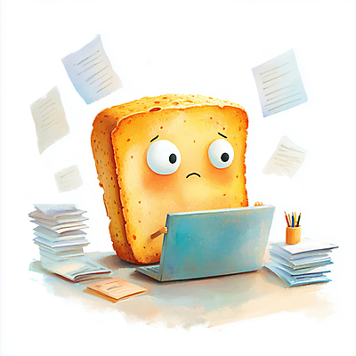 JPG 일러스트 스트레스 직장 사람없음 노트북 사무실 업무 식빵 문서 토스트 곤란 서류더미 국내일러스트 토스트아웃 AI일러스트 AI콘텐츠 빵 회사 비즈니스 전자제품 작업 신조어 파일형식 더미