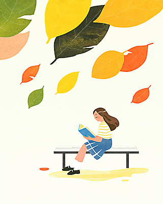 JPG 여자 어린이 단풍 낙엽 벤치 일러스트 나뭇잎 한명 앉기 소녀 책 독서 소녀한명만 흩날리기 국내일러스트 AI일러스트 AI콘텐츠 1 잎 의자 모션 사람 여자한명만 소녀만 파일형식