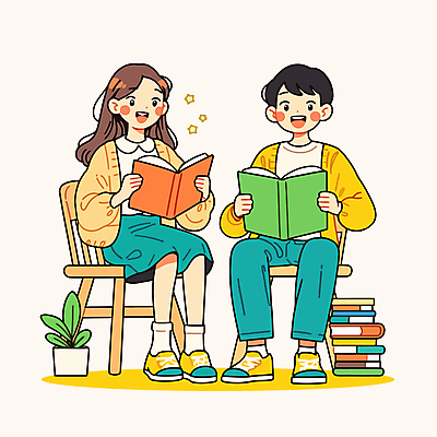 전신 식물 여자 교육 남자 화분 의자 일러스트 청소년 미소 앉기 두명 책 독서 귀여움 모임 십대만 독서모임 국내일러스트 AI파일 가구 컨셉 모션 표정 사람 파일형식 벡터