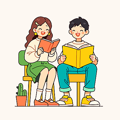 전신 식물 여자 교육 남자 화분 의자 일러스트 청소년 미소 앉기 두명 책 독서 귀여움 모임 십대만 독서모임 국내일러스트 AI파일 가구 컨셉 모션 표정 사람 파일형식 벡터