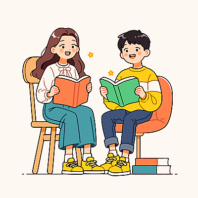 전신 여자 교육 남자 의자 일러스트 청소년 미소 앉기 두명 책 독서 귀여움 모임 십대만 독서모임 국내일러스트 AI파일 가구 컨셉 모션 표정 사람 파일형식 벡터