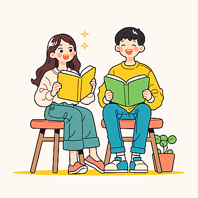 전신 식물 여자 교육 남자 화분 의자 일러스트 청소년 미소 앉기 두명 책 독서 귀여움 모임 십대만 독서모임 국내일러스트 AI파일 가구 컨셉 모션 표정 사람 파일형식 벡터