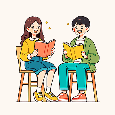 전신 여자 교육 남자 의자 일러스트 청소년 미소 앉기 두명 책 독서 귀여움 모임 십대만 독서모임 국내일러스트 AI파일 가구 컨셉 모션 표정 사람 파일형식 벡터