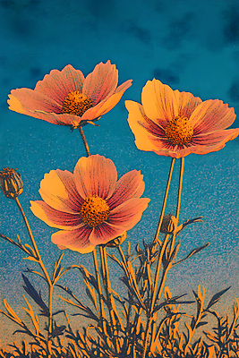 JPG 편집이미지 꽃 사람없음 파란색 주황색 가을 코스모스 편집실사 AI컴퓨터그래픽 AI콘텐츠 식물 계절 컬러 CG 파일형식