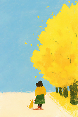 JPG 전신 한마리 여자 일러스트 하늘 한명 성인 뒷모습 노란색 가을풍경 산책 가을 강아지 은행잎 은행나무 성인여자한명만 국내일러스트 AI일러스트 AI콘텐츠 나무 1 계절 뷰포인트 컬러 잎 휴식 사람 풍경 반려동물 개 여자한명만 성인여자만 파일형식 가을_계절