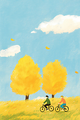 JPG 전신 구름 여자 남자 일러스트 하늘 성인 두명 옆모습 노란색 가을풍경 자전거 가을 승차 은행잎 은행나무 성인만 국내일러스트 AI일러스트 AI콘텐츠 자연요소 나무 계절 뷰포인트 컬러 잎 모션 사람 풍경 바이크 파일형식 가을_계절