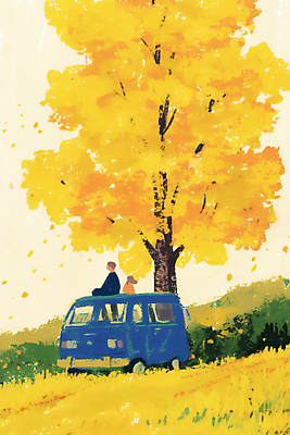 JPG 전신 구름 여자 남자 일러스트 하늘 성인 두명 뒷모습 노란색 가을풍경 가을 은행잎 은행나무 캠핑카 성인만 차박 국내일러스트 AI일러스트 AI콘텐츠 자연요소 나무 계절 뷰포인트 컬러 잎 자동차 사람 풍경 캠핑 파일형식 가을_계절