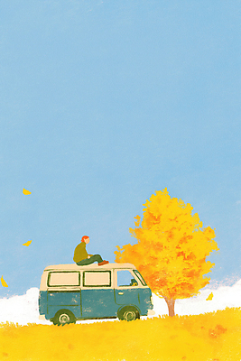 JPG 전신 구름 남자 일러스트 하늘 한명 성인 옆모습 노란색 가을풍경 가을 은행잎 은행나무 캠핑카 성인남자한명만 차박 국내일러스트 AI일러스트 AI콘텐츠 자연요소 나무 1 계절 뷰포인트 컬러 잎 자동차 사람 풍경 캠핑 남자한명만 성인남자만 파일형식 가을_계절