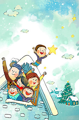 PSD 여자 남자 별 어린이 일러스트 가족 엄마 지붕 주택 소녀 소년 여러명 성인 만세 비행 눈 잡기 아빠 겨울방학 겨울풍경 국내일러스트 자연요소 다수 겨울 관계 모션 날씨 방학 사람 풍경 건물 파일형식