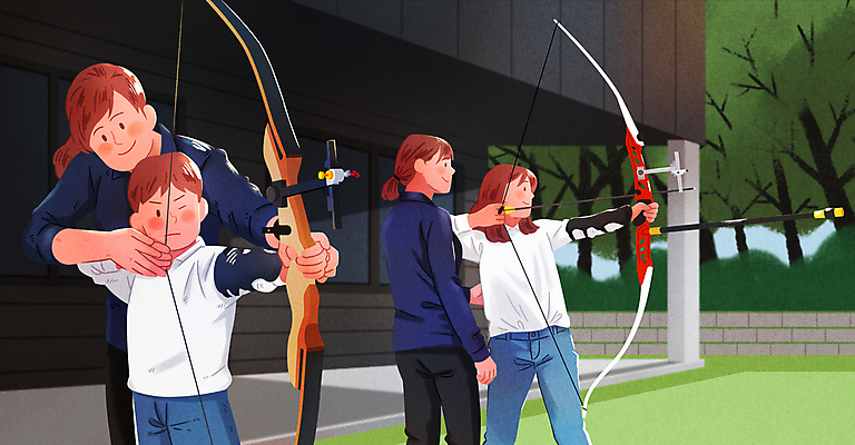 PSD 여자 교육 남자 어린이 스포츠 일러스트 화살 윙크 소녀 소년 여러명 성인 운동 교사 체육 활 트레이너 양궁 조준 양궁선수 레슨 양궁장 국내일러스트 직업 다수 스포츠시설 수업 운동선수 표정 건강 사람 헬스 파일형식