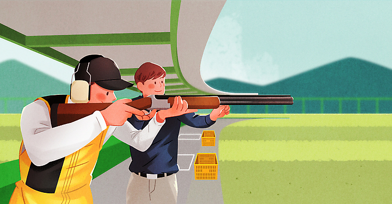 PSD 교육 남자 스포츠 일러스트 성인 두명 운동 교사 헤드셋 총 체육 트레이너 사격 조준 사격수 레슨 사격장 사격총 샷건 성인남자만 국내일러스트 직업 무기 음향기기 수업 건강 사람 헬스 헤드폰 남자만 성인만 파일형식