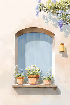 JPG 나무 꽃 화분 화초 일러스트 창문 수채화 주택 사람없음 종 풀잎 국내일러스트 AI일러스트 AI콘텐츠 식물 잎 건물 풀_식물 파일형식