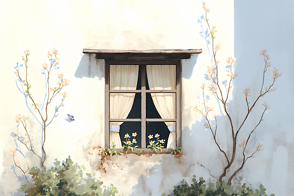 JPG 꽃 화초 일러스트 창문 수채화 주택 사람없음 커튼 풀잎 덩굴 덩쿨나무 국내일러스트 AI일러스트 AI콘텐츠 나무 식물 잎 건물 풀_식물 파일형식