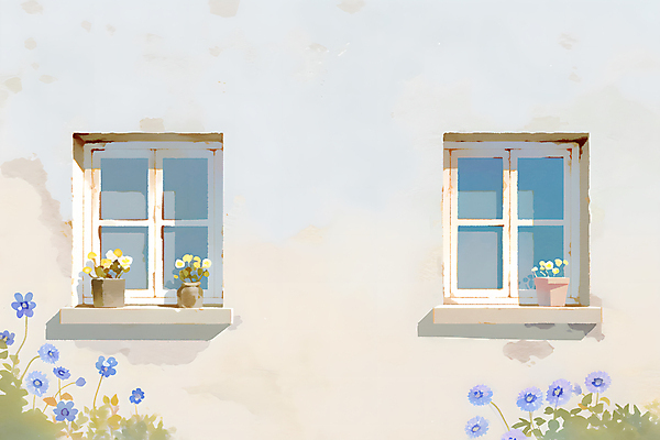 JPG 꽃 화분 화초 일러스트 창문 수채화 주택 사람없음 풀잎 국내일러스트 AI일러스트 AI콘텐츠 식물 잎 건물 풀_식물 파일형식