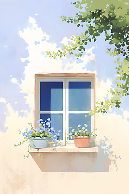 JPG 나무 꽃 화분 화초 일러스트 창문 수채화 주택 사람없음 국내일러스트 AI일러스트 AI콘텐츠 식물 건물 파일형식