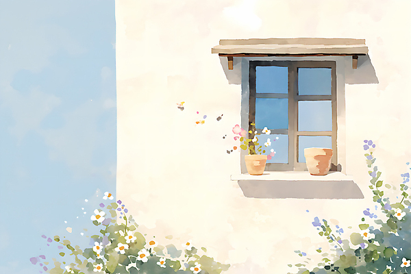 JPG 꽃 화분 화초 일러스트 창문 수채화 주택 사람없음 국내일러스트 AI일러스트 AI콘텐츠 식물 건물 파일형식