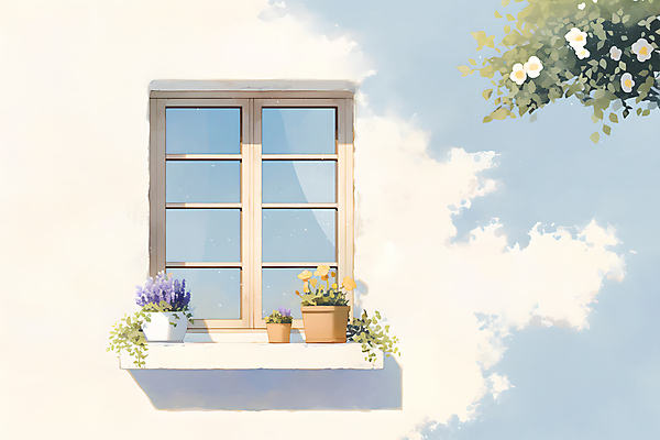 JPG 나무 꽃 화분 화초 일러스트 창문 수채화 주택 그림자 사람없음 국내일러스트 AI일러스트 AI콘텐츠 식물 건물 파일형식