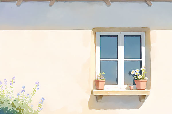 JPG 무료이미지 꽃 화분 일러스트 창문 수채화 주택 사람없음 풀잎 국내일러스트 AI일러스트 AI콘텐츠 식물 잎 건물 풀_식물 파일형식