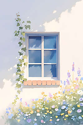 JPG 꽃 일러스트 창문 수채화 주택 사람없음 풀잎 덩굴 국내일러스트 AI일러스트 AI콘텐츠 식물 잎 건물 풀_식물 파일형식
